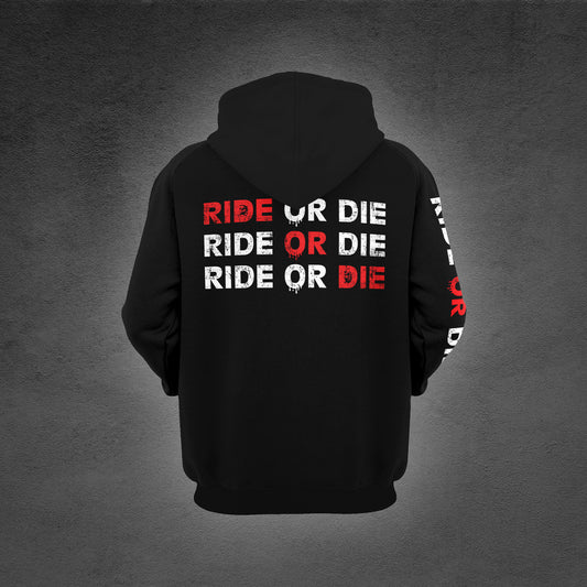 "Black heavy hoodie with 'RIDE OR DIE' Petrol Head Edition logo on the front – a bold tribute to the petrol head lifestyle, celebrating horsepower, adrenaline, and the unbreakable bond between a petrol head and the road."