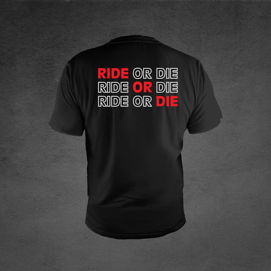 "RIDE OR DIE Graphic T-shirt - Unisex crew neck tee with classic fit, crafted from blended, single jersey fabric. Features Dryblend Technology for moisture-wicking. Seamless twin-needle collar, taped neck & shoulders, and heat transfer label for comfort and durability. 50% Cotton 50% Polyester blend, 185gsm. Make a statement with style and comfort."